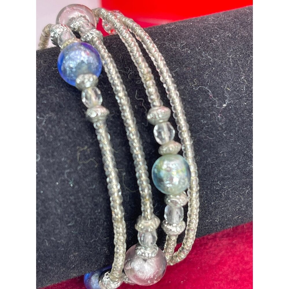 Authentic Murano Glass Blue Bead Memory Coil Bracelet Venice Italy Gift Bag VTG